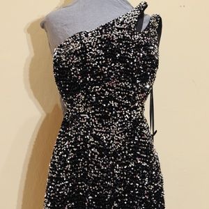 ALYCE one shoulder plush sequin short dress in black size 12